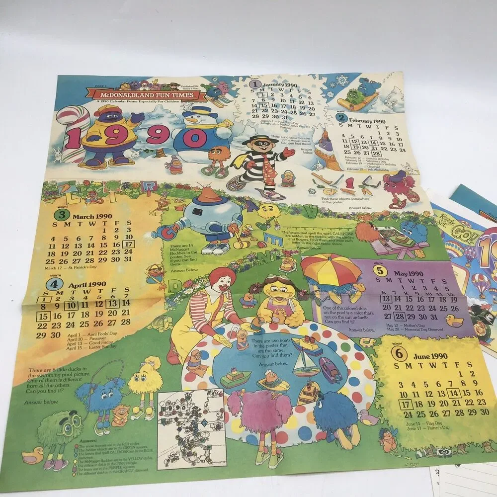 McDonald McDonaldLand Fun Times 1990s Calendar Fold Out Paper Poster + Postcards